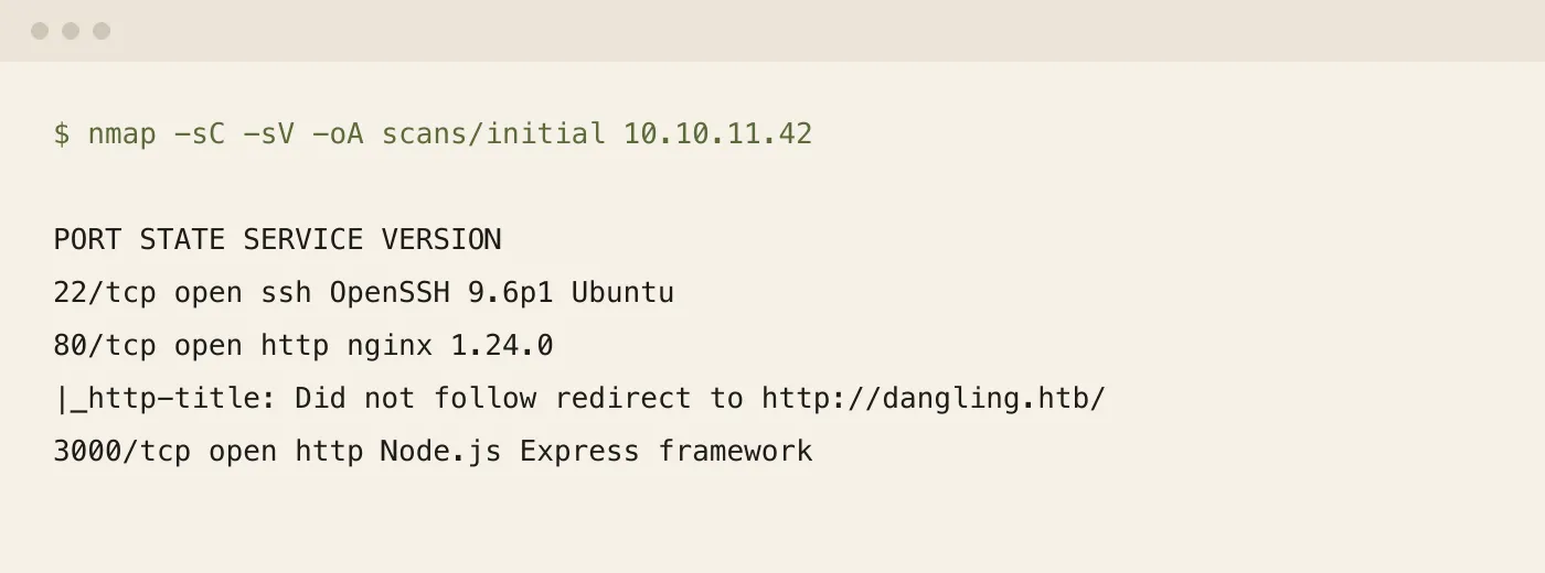 Nmap output showing SSH, an nginx front end and a Node service
